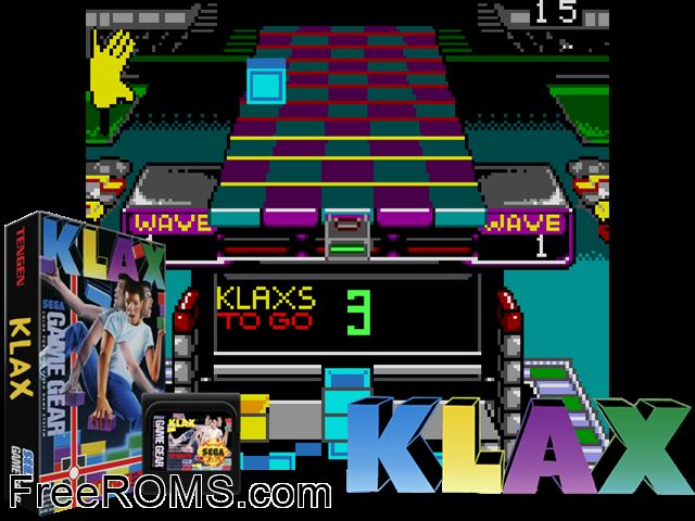 Klax Game Gear game showing 3D box cover and gameplay screenshot